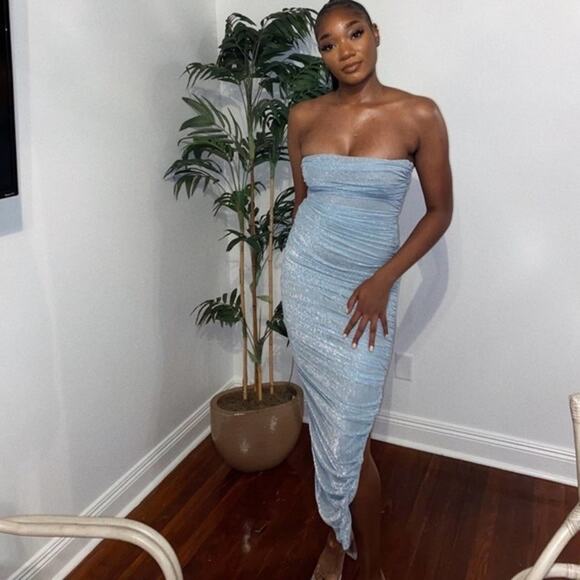 HOUSE OF CB Fornarina Baby Blue Sparkle Silvermist Fairy Glitter Ruched Dress - Picture 6 of 16